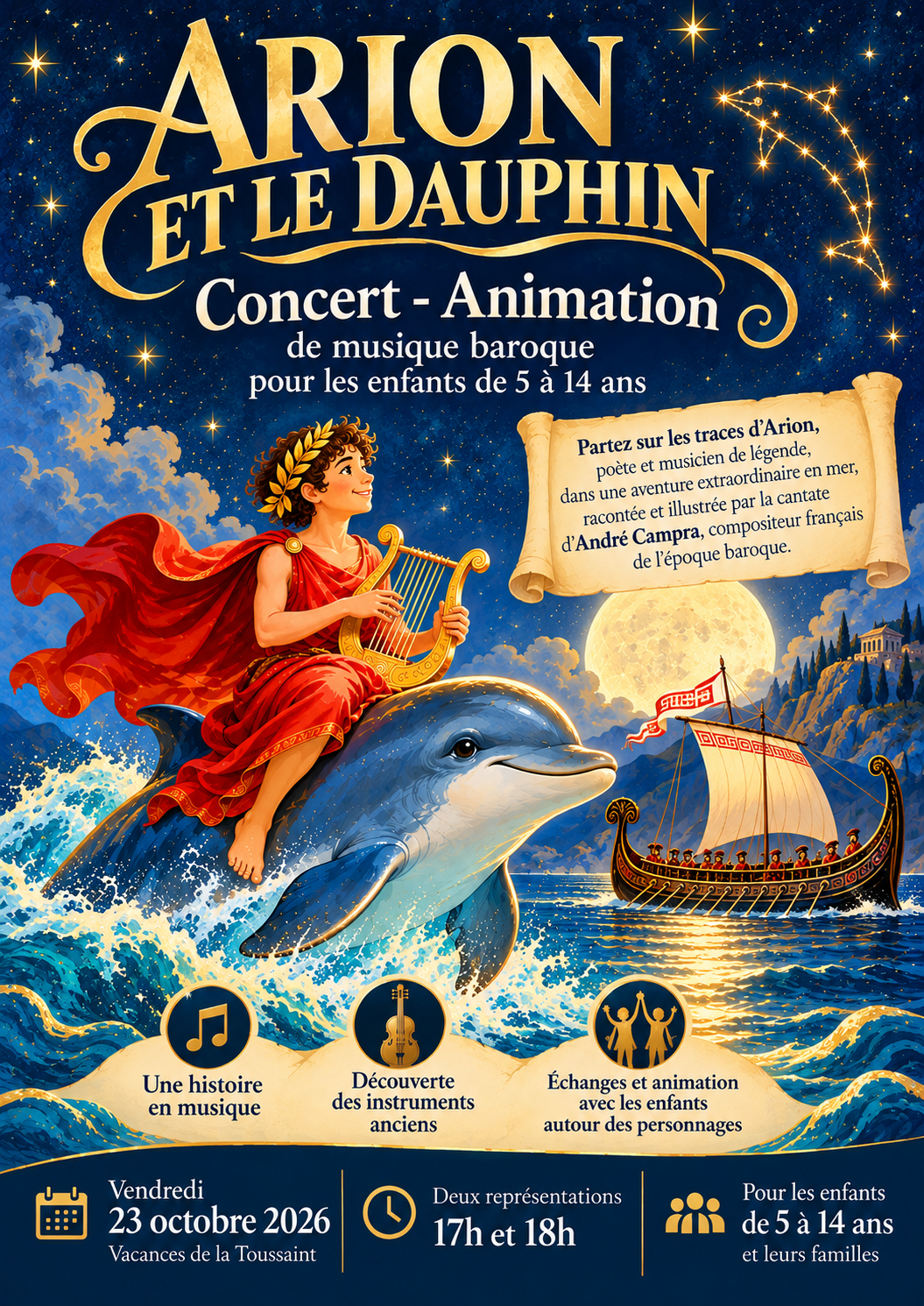 Affiche du concert Arion et le Dauphin, avec Arion, un dauphin et un bateau sur la mer